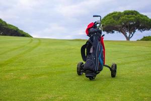 Nahaufnahme der Golftasche auf einem grünen perfekten Feld foto