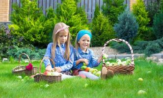 Zwei kleine glückliche Mädchen mit großer Herbsternte von Tomaten in Körben foto