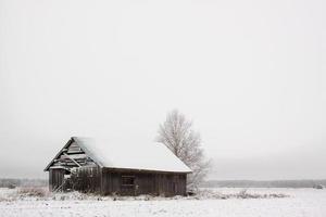 Holzscheune auf schneebedecktem Feld foto