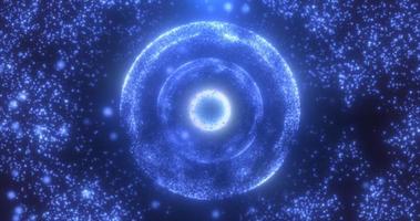 abstrakte runde blaue Kugel leuchtendes magisches Energiemolekül mit Atomen aus Teilchen und Punkten kosmisch. abstrakter Hintergrund foto