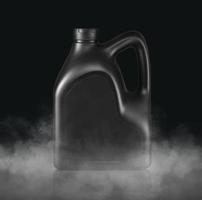 Plastikkanister für Maschinenöl mit kaltem Dampf ein isolierter dunkler Studiohintergrund