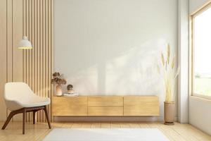 Wohnzimmer im Japandi-Stil mit Holz-TV-Schrank und Holzlattenwand. 3D-Rendering foto