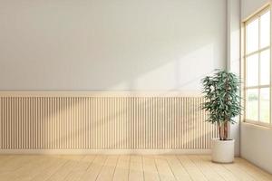 minimalistischer leerer raum mit holzboden und holzlattenwand, rahmenholzfenster und zimmerpflanze. 3D-Rendering foto