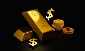 3D-Rendering Goldbarren und Dollarzeichen auf schwarzem Hintergrund Konzept Devisenhandel bei der Investition von Investoren foto