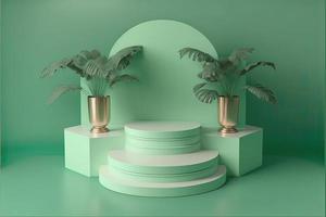 Realistische 3D-Darstellung des weichen grünen Podiums mit Blättern für das Produktpodium foto