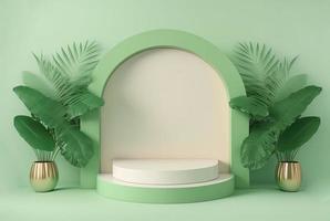 realistische 3d-rendering-illustration des pastellgrünen podiums mit blatt herum für die produktpräsentation foto