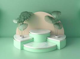 Realistische 3D-Illustration des pastellgrünen Podiums mit Blättern für die Produktpräsentation foto