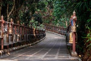 Gehweg mit den Bronzeglocken aus Metall um und daneben in der Dschungelumgebung, am Tempel Wat Phra That Doi Tung, Provinz Chiang Rai, nördlich von Thailand. foto