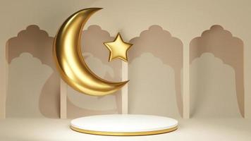 3D-Rendering einfaches Podium mit arabischer Dekoration. türkischer goldener stern und halbmond in der nähe von schmuckständer. produktanzeigesockel für eid mubarak foto