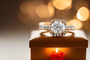 Fotografie einer weißen Kerze, die brennt und neben einem Ring, Liebe, Herz, Valentinstag foto