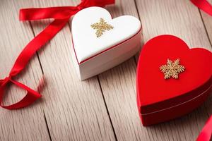 fotografie einer stilvollen handwerklichen geschenkbox mit rotem band, liebe, herz, valentinstag foto