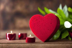 fotografie einer stilvollen handwerklichen geschenkbox mit rotem band, liebe, herz, valentinstag foto