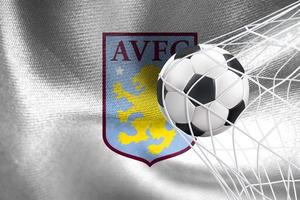 UEFA Champions League 2023, Aston Villa-Flagge mit einem Fußball im Netz, UEFA-Hintergrundbild, 3D-Arbeit und 3D-Bild. Eriwan, Armenien - 27. Januar 2023 foto