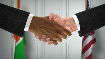 Partnerschaftsgeschäft zwischen Niger und den USA. Flaggen der nationalen Regierung. offizielle Diplomatie-Handshake 3D-Illustration. Vereinbarung Geschäftsmann Hände schütteln foto