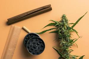 Nahaufnahme von Marihuana-Pflanze und Raucherzubehör. Grinder, stumpfes und gemeinsames Papier Draufsicht flach liegend. Cannabisknospen foto