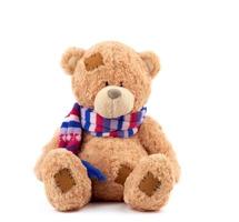 Süßer brauner Teddybär mit Patches in einem farbigen Strickschal foto