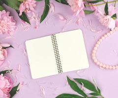 Offenes Spiralnotizbuch mit leeren weißen Seiten auf violettem Hintergrund, blühende rosa Pfingstrosen foto