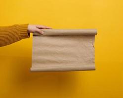 Frau, die ein leeres braunes Paket aus braunem Kraftpapier hält. platz für eine beschriftung, werbung, information foto