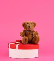 süßer brauner teddybär und rote geschenkbox auf rosa hintergrund foto