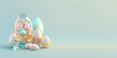 ostern hintergrundbanner mit 3d-render eiern und blumen foto