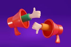 genehmigende und missbilligende Hand, die aus dem Megaphon auf isoliertem violettem Hintergrund kommt. 3D-Rendering foto