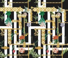 nahtloses muster mit goldenen barockelementen und goldketten und perlen. Vintages Muster der modischen tropischen Blume. Illustration, schwarz-weißer abstrakter Hintergrund. foto