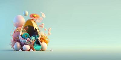 3D-Darstellung von Ostereiern und Blumen mit einem märchenhaften Wunderland-Thema für Banner foto