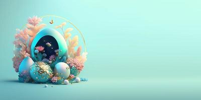 3D-Ostereier und Blumen mit einem Fantasy-Thema für Hintergrund und Banner foto