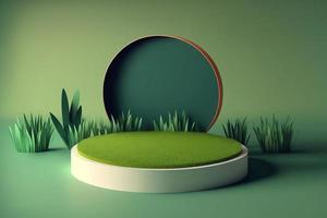 3D-Minimalkreis-Podiumsillustration mit grünem Gras für Produkthintergrund. foto