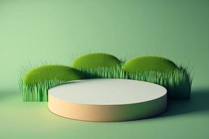 3D-Minimalkreis-Podiumsillustration mit grünem Gras für Produkthintergrund. foto