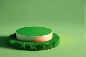 3D-Minimalkreis-Podiumsillustration mit grünem Gras für Produkthintergrund. foto