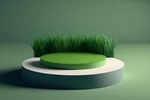 3D-Minimalkreis-Podiumsillustration mit grünem Gras für Produkthintergrund. foto