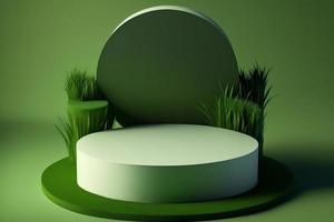 3D-Minimalkreis-Podiumsillustration mit grünem Gras für Produkthintergrund. foto