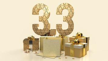 die 3.3 und die goldene geschenkbox für marketing oder verkaufsförderung 3d-rendering foto