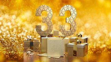 die 3.3 und die goldene geschenkbox auf bokeh für marketing oder verkaufsförderung 3d-rendering foto