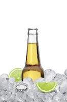 mexikanische Bierflasche mit Limettenscheibe und Frost auf weißem Hintergrund foto
