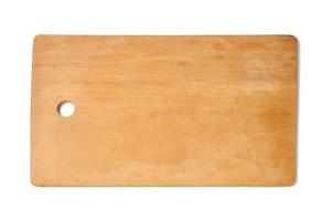 leeres rechteckiges Küchenschneidebrett aus Holz. weißer Hintergrund, Ansicht von oben foto