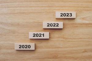 2020 bis 2023 frohes neues Jahr auf Holzblock auf Holztischhintergrund. Neujahrskonzept foto