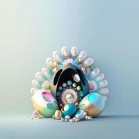 Osterparty-Hintergrund mit glänzenden 3D-Eiern und Blumen foto