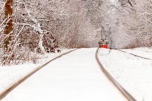 eine alte Straßenbahn, die sich durch einen Winterwald bewegt foto