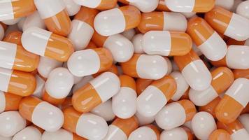 Gruppe von Antibiotika-Pillenkapseln ist weiß und orange Gesundheitswesen und Medizin, 3D-Illustrationshintergrund. foto