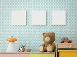 pastellzimmer für kinderschublade, regal und süßes bild auf blauem wallpaper.3d-rendering foto