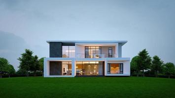 Außenansicht des modernen Hauses mit Innenbeleuchtung. 3D-Rendering foto