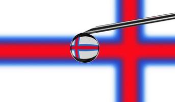 Impfspritze mit Tropfen auf der Nadel vor dem Hintergrund der Nationalflagge der Färöer. medizinisches Konzept Impfung. coronavirus sars-cov-2 pandemieschutz. Nationale Sicherheitsidee. foto