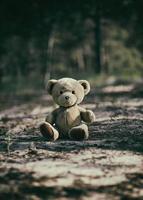 Verlassener brauner Teddybär, der abends mitten im Wald sitzt foto