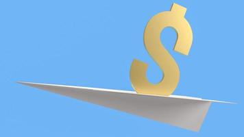 Das Golddollarsymbol auf dem Papierflugzeug für die 3D-Darstellung des Geschäftskonzepts foto