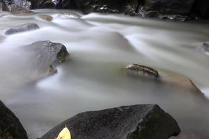 Dies ist ein schönes Foto eines Wasserstroms, der in einem Fluss im Dorfgebiet fließt.