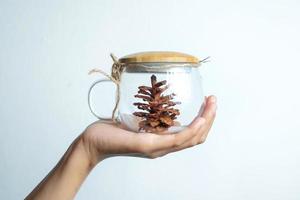 Weihnachtsgeschenk Tasse mit Kiefer in weiblichen Händen isoliert auf weißem Hintergrund. neues jahr geschenkkonzept foto