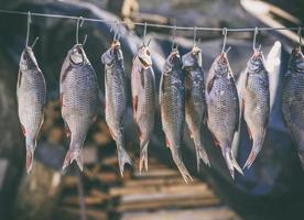 gesalzener Flussfisch, der an Metallhaken hängt foto