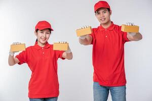 Bild eines glücklichen jungen Zustellers in roter Kappe, leerem T-Shirt, Uniform, stehend mit leerem braunem Karton, isoliert auf hellgrauem Hintergrund Studio foto